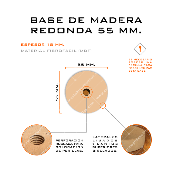 Base de Madera Redonda para sellos 55mm.