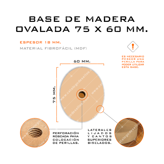 Base de Madera Ovalada para sellos 75 x 60mm.