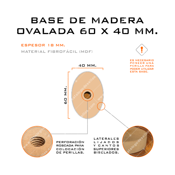 Base de Madera Ovalada para sellos 60 x 40mm.