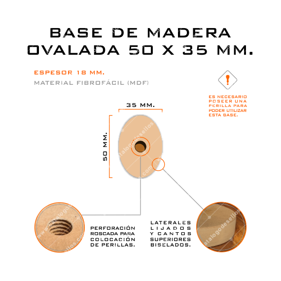Base de Madera Ovalada para sellos 50 x 35mm.