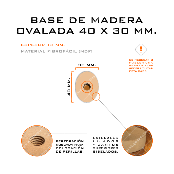 Base de Madera Ovalada para sellos 40 x 30mm.