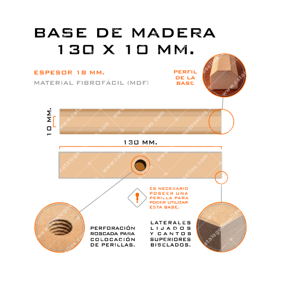 Base de Madera para sellos 130 x 10mm.