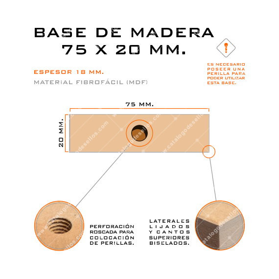 Base de Madera para sellos 75 x 20mm.