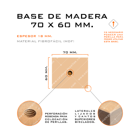 Base de Madera para sellos 70 x 60mm.