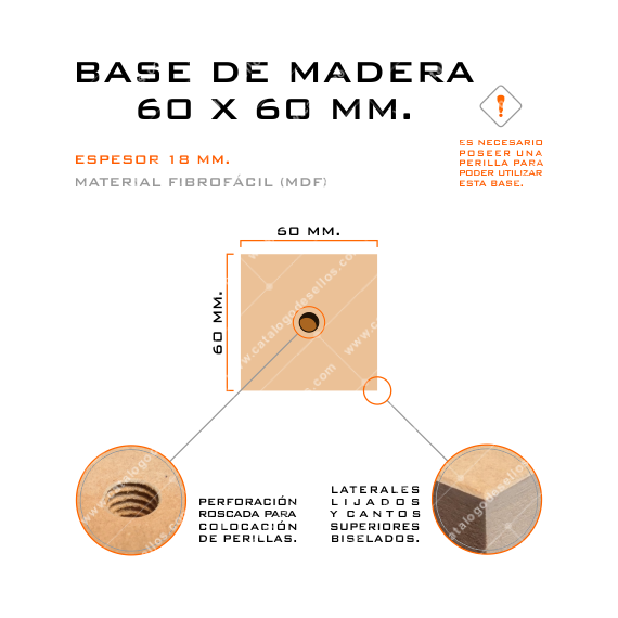 Base de Madera para sellos 60 x 60mm.