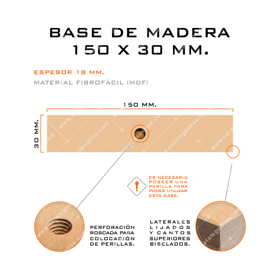 Base de Madera para sellos 150 x 30mm.