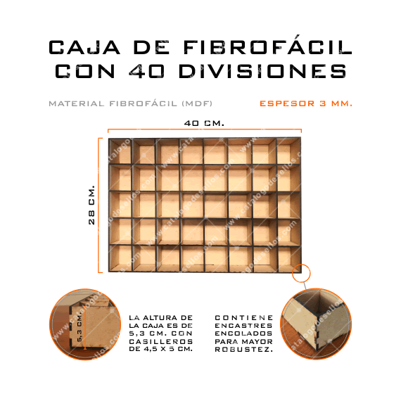 Caja Fibrofácil de 40 x 28 x 5cm. con 40 divisiones